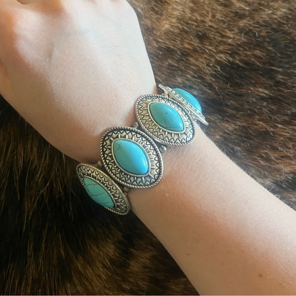 Turquoise Stone Silver-Tone Stretch Bracelet